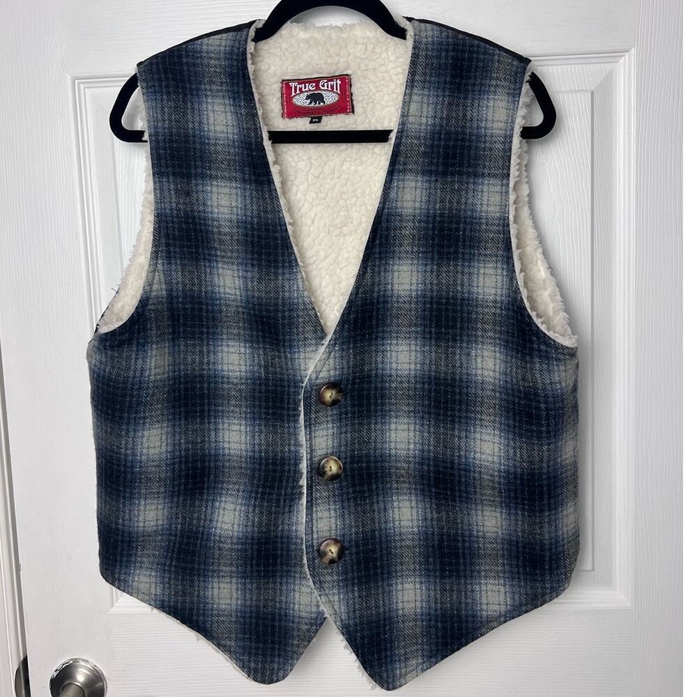 True Grit Vintage Vest 100% Wool Lined Blue Plaid Vest Button Closure Size XL